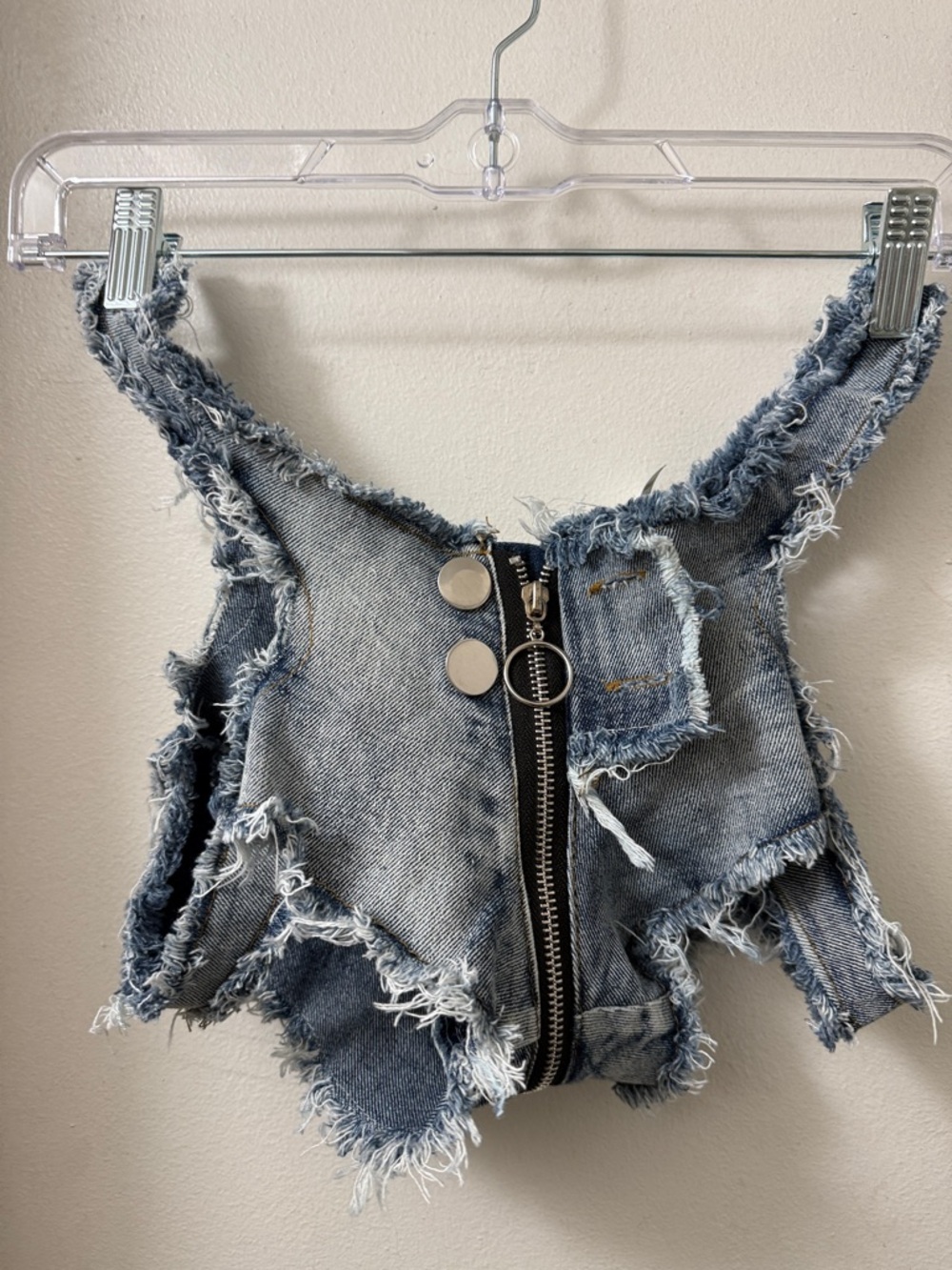 Frayed Denim Zip Front Crop Top - Light Blue